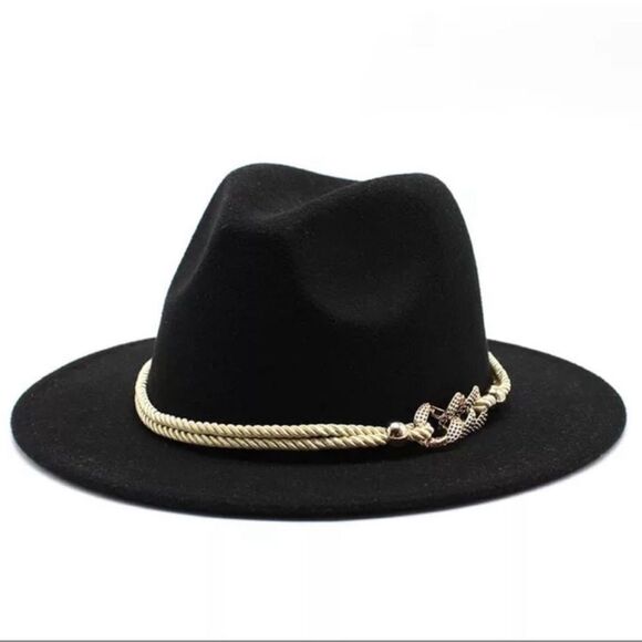 Black Tall Dented Crown Gold Chain Rope Hat Band Fedora Hat NEW - Picture 1 of 5